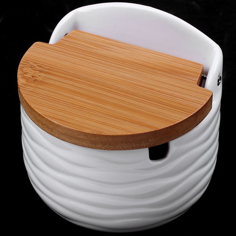 Sucrier, sucrier en céramique avec cuillère à sucre et couvercle en bambou pour la maison et la cuisine moderne, blanc, 8.58 FLOZ (254 ML)