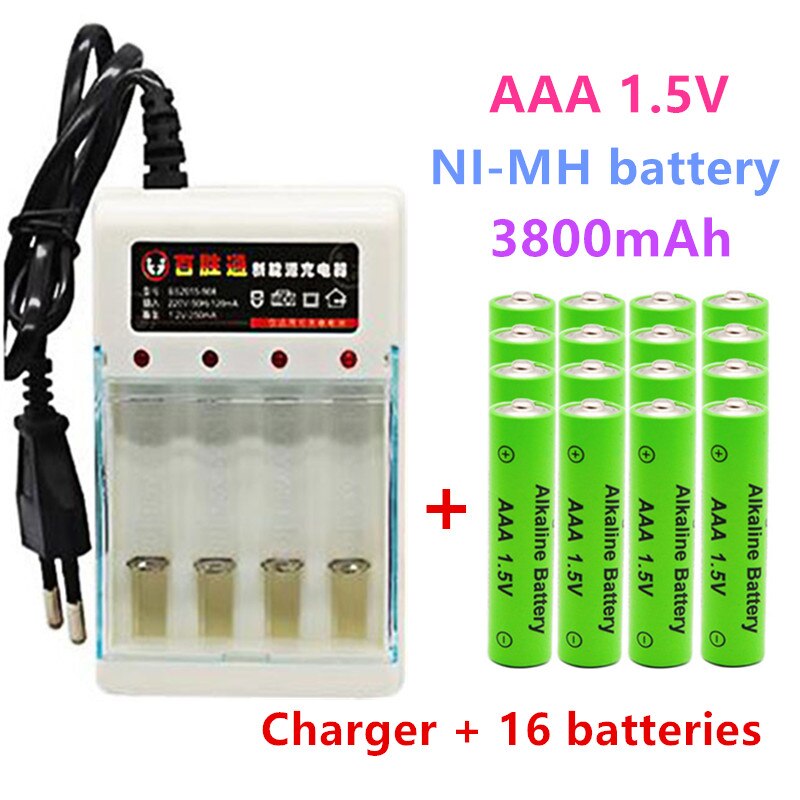 AAA 1.5V rechargeable battery 3800mAh Alkaline battery flashlight toys watch MP3 player replace Ni-Mh battery: 16pcs and Charger