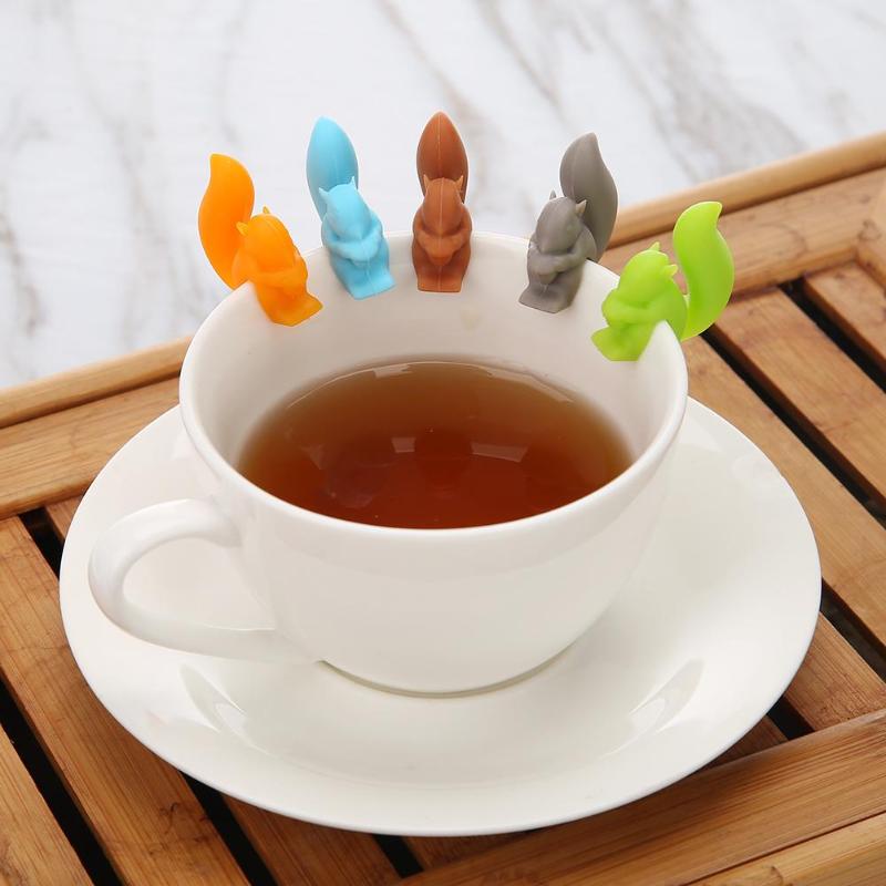 5 stk søt silikon ekorn te posere hengende te infusjon krus kopp klipp etikett krus filter tekanne te poser drinkware