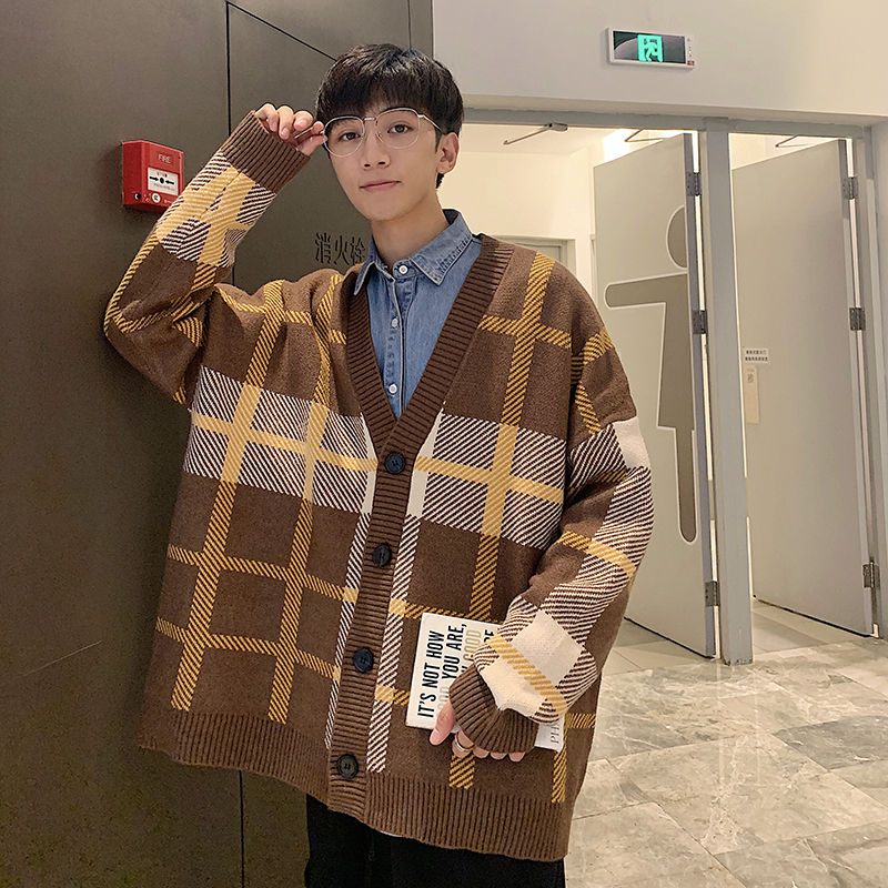 Cotton Cardigan Men&#39;s Warm Retro Casual Plaid Sweater Jacket Men Streetwear Loose Sweater Coat Mens Korean Clothes M-2XL
