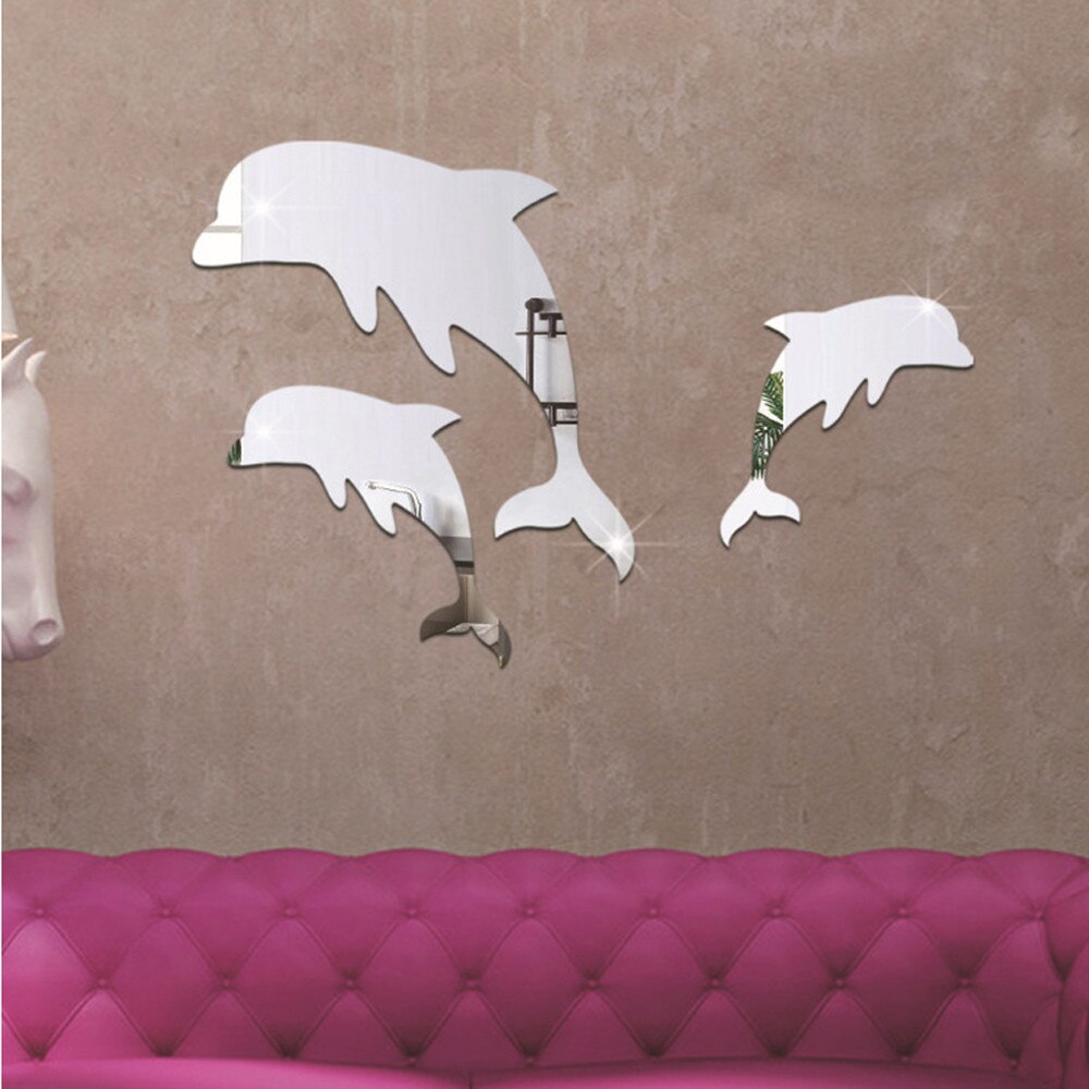 1 Set Muur Spiegel Sticker Acryl 3D Leuke Dolfijn Combinatie Spiegel Effect Muursticker Sticker Home Decor Badkamer Stickers