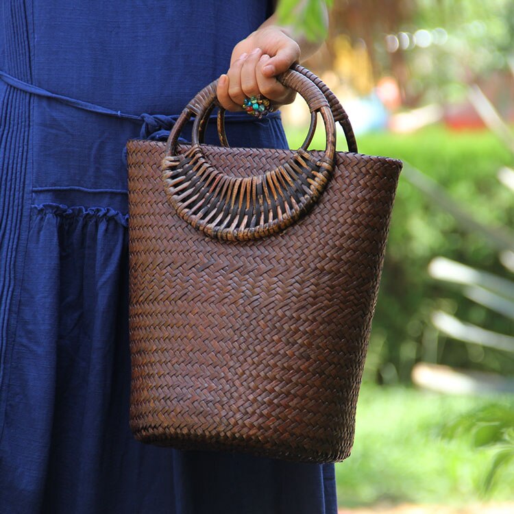 22 Stijl Strozak Rotan Houten Handvat Retro Geweven Zak Emmer Zak Grote Strand Tas: C008 coffee