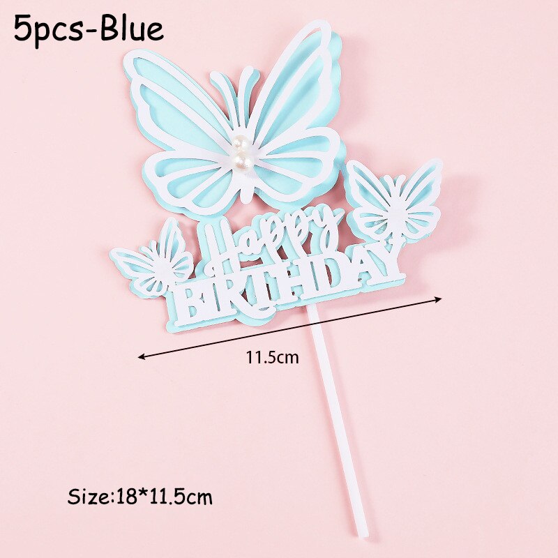 12 Stuks Vlinder Gelukkige Verjaardag Cake Topper Party Wedding Decor Cake Insert Vlag Verjaardag Topper Diy Bakken Cake Decorating Gereedschap: 5pcs-Blue