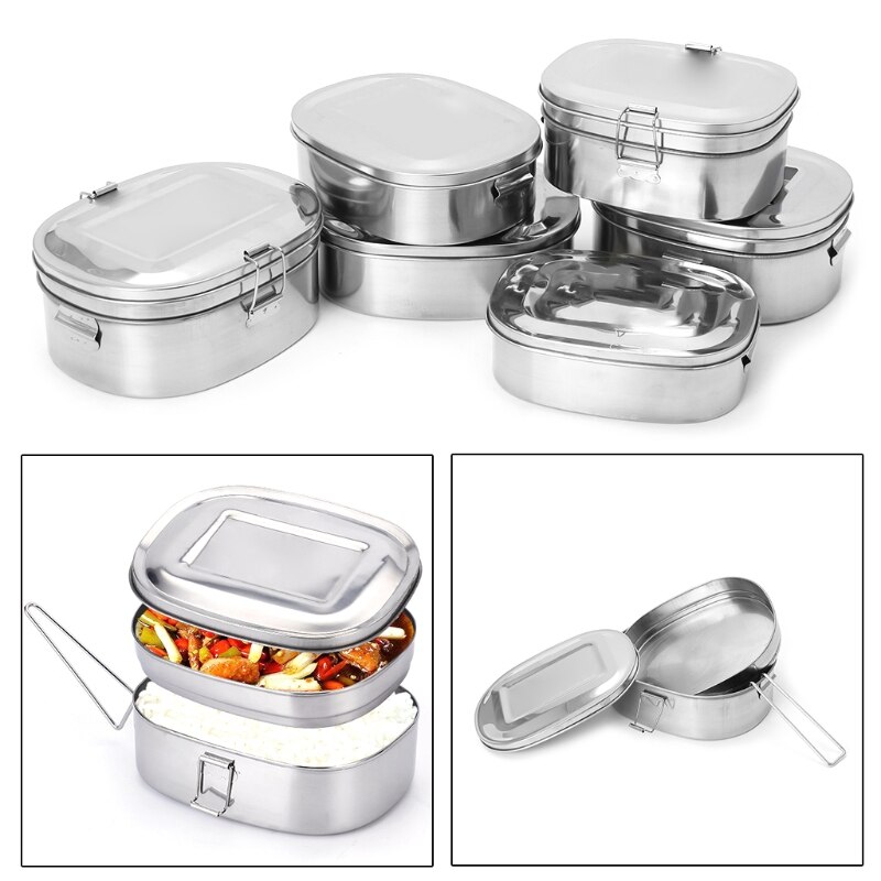 Stainless Steel Square Lunch Box Bento Food Picnic Container Travel 1/2 Layer M2EF