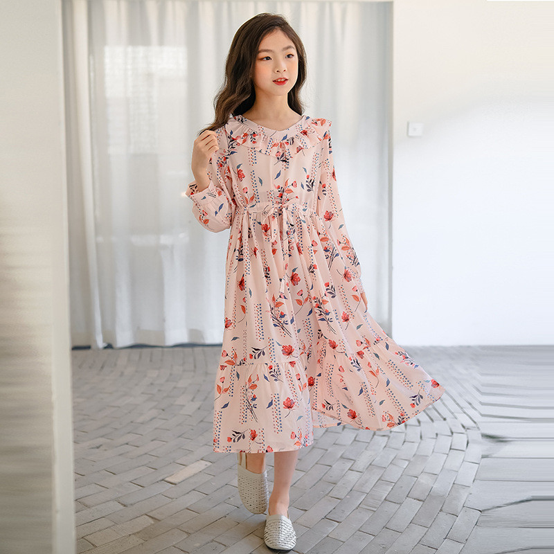 kids girls floral print spring summer chiffon flare midi dress 6 to 16 years kids teen girl v-neck ruffle dresses