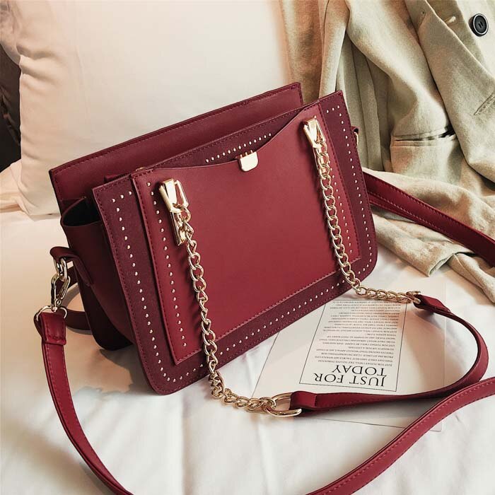 Luxury Rivet Handbag Women Bag Brand Metal Chain Tote Bags Casual PU Leather Crossbody Bag: Red