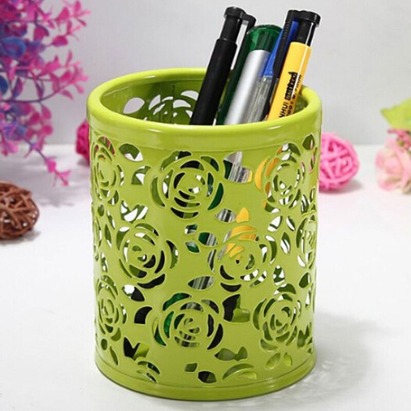 Metal hollow rose flower cylindrical pen pen holder holder container retro makeup brush holder office storage XH8Z