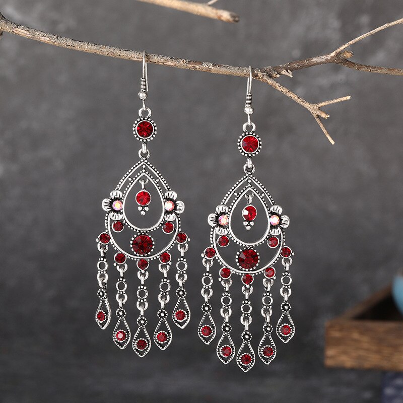 Niebieski Rhinestone etniczne kolczyki paw indyjska biżuteria w stylu Vintage srebrny kolor kryształu dynda wiszące kolczyki dla kobiet Pendientes