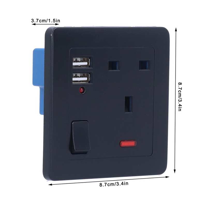 Wall Socket Multi-Functional Wall Power Outlet Socket with 2 USB Port 13A for Home Office UK Plug 250V Black
