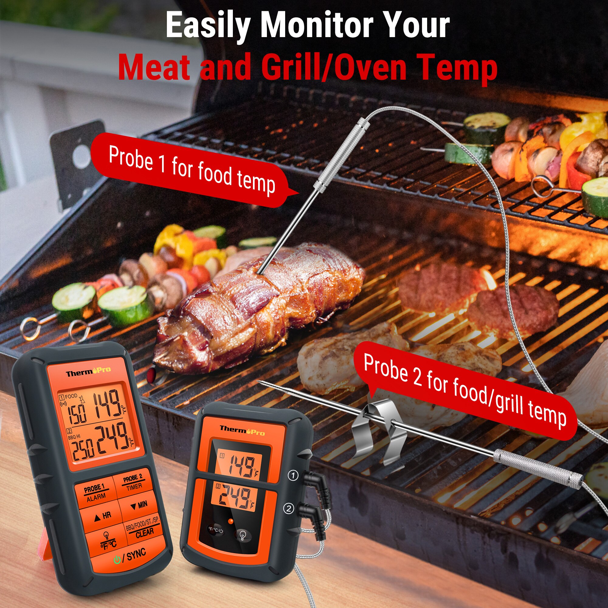 ThermoPro TP08 thermomètre de cuisine numérique, à distance sans fil thermomètre de cuisine numérique-double sonde pour la fumée au BBQ four à gril-moniteur d'aliments/viande