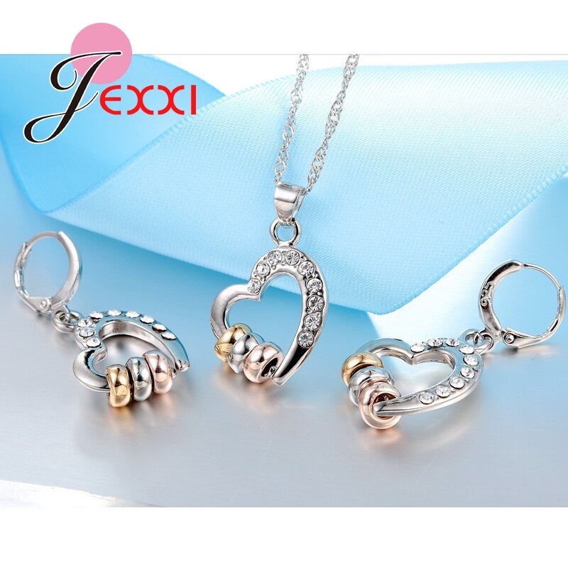 Trendy 925 Sterling Silver Shinning Gemstone Hollow Heart Earrings Necklace Women Wedding Anniversary Jewelry Sets