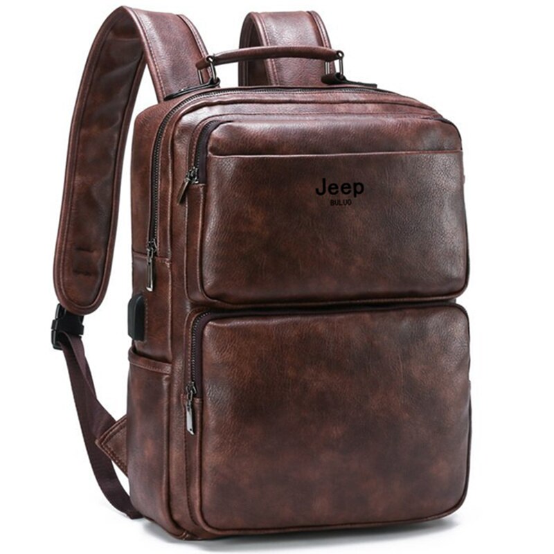 JEEP BULUO Casual Daypacks 14 inches Laptop Large Capacity Backpack Outdoor Travel Men's Bag Split Leather Bags For Man: Brown