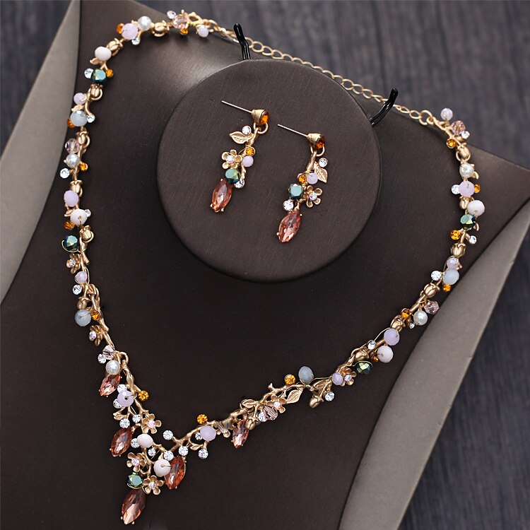 Conjunto de joias nupcial de ouro barroco, acessório de cabelo, para casamento, conjunto de colares, diadema de strass