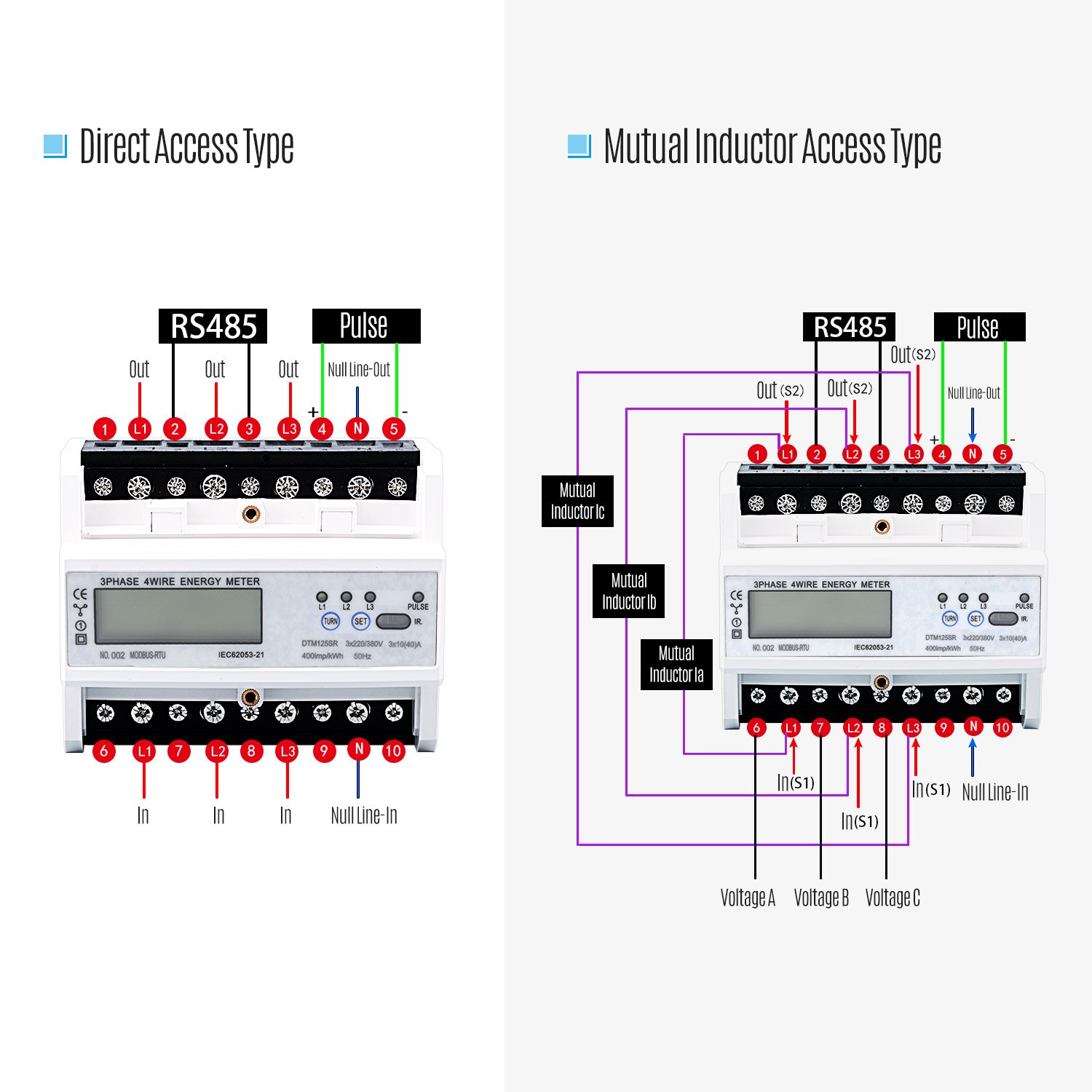 DTM125SR 3 Phase 4 Wire DIN-Rail Power Meter Energy Meter RS485 Watt Meter AC220/380V Electronic KWh Digital SWR Wattmeter