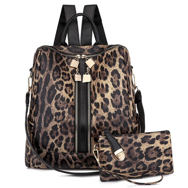 DIDA BEAR-Mochila de cuero para mujer, morral escolar grande, de viaje, Color caramelo con monedero: Leopard Brown