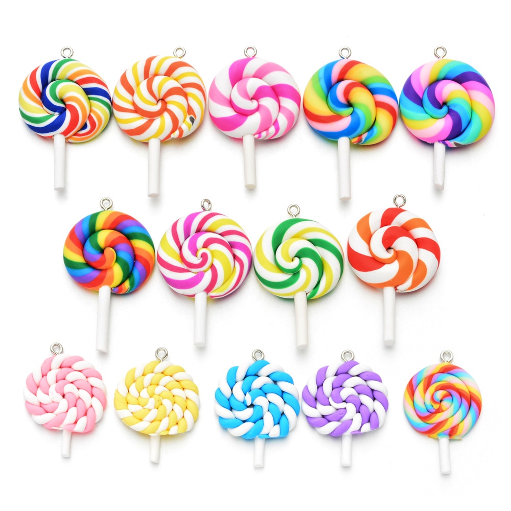 10pcs Bellezza Kawaii Spirale Arcobaleno Argilla Polimerica Cabochons Della Caramella Gommosa Caramella del Lollipop Flatback Per La Decorazione Del Telefono di DIY Bracciali