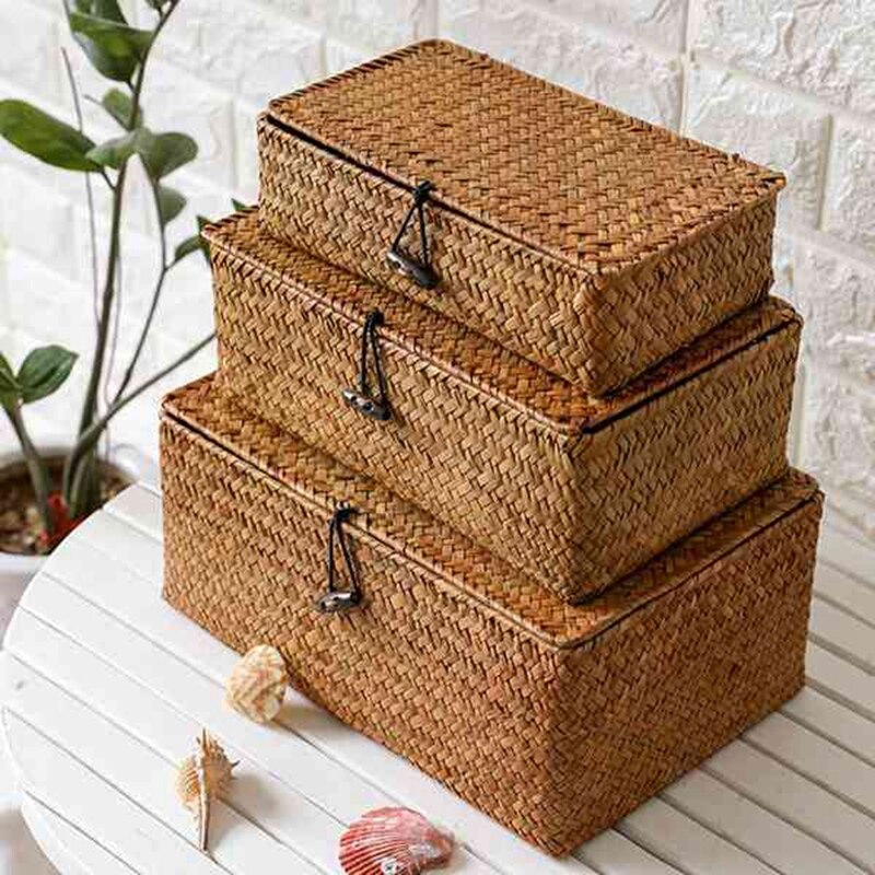 Woven Straw Storage Bins with Lid Set of 4 Rectangular Seagrass Basket Storage Basket for Shelf Organizer