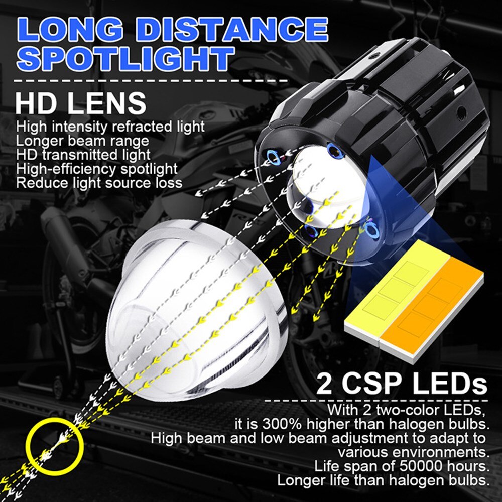 60W Led Motorfiets Verlichting Dual Kleur Hi/Lo Beam Spotlight Mini Lens Auto Koplamp Mistlamp Voor truck Suv 4WD 4X4 Boot Atv