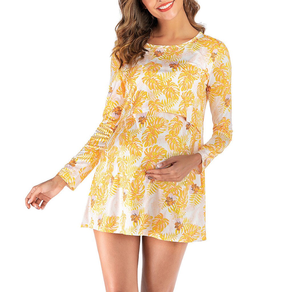 Maternity dresses casual Sexy Round Pregnant O-Neck Print Long Sleeve Lactation Maternity Dress L1220: Yellow / S