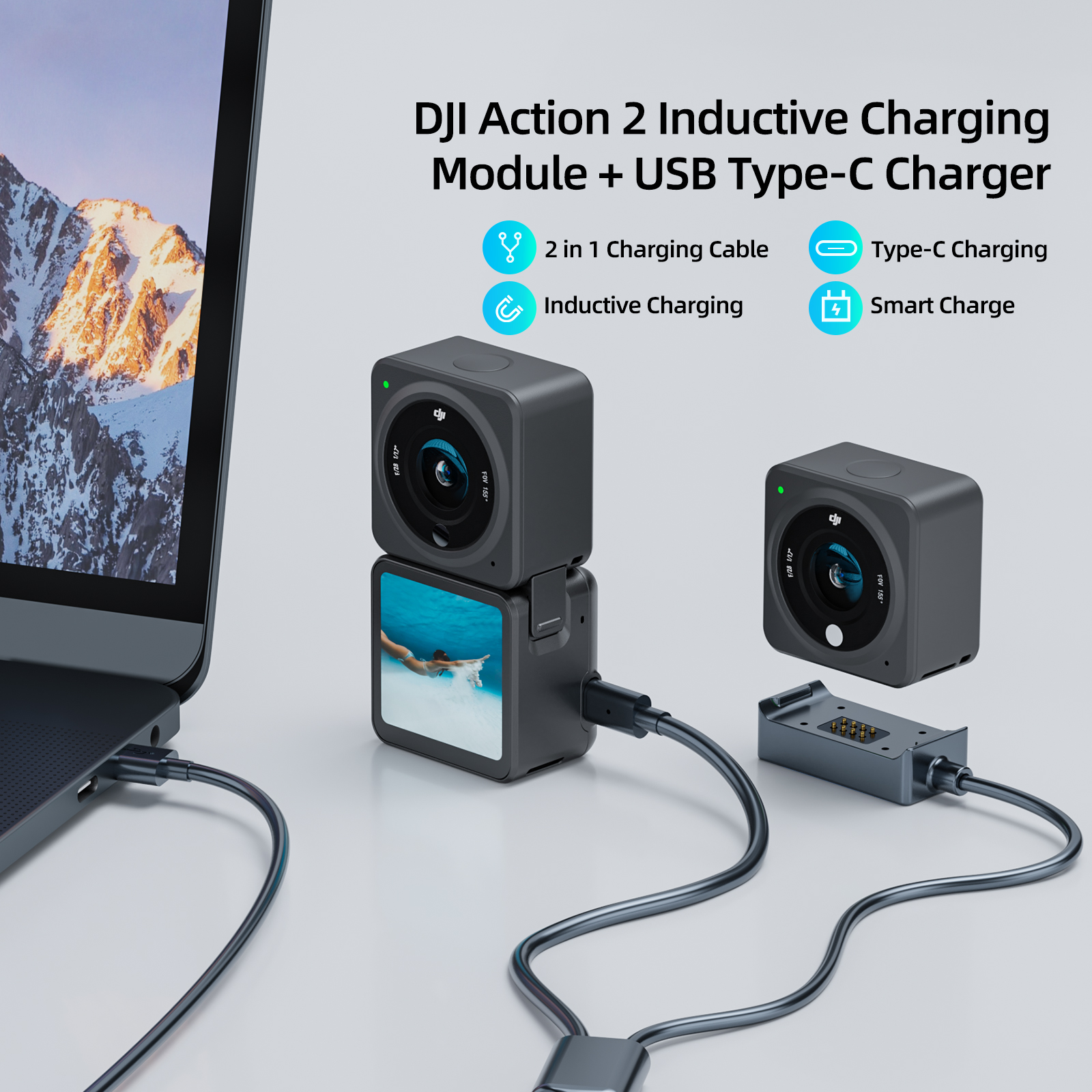 Telesin 2 In 1 Smart Fast Charger Magnetische Base Type C Gegevensoverdracht Kabel Voor Dji Action 2 Dual Screen power Combo Camera