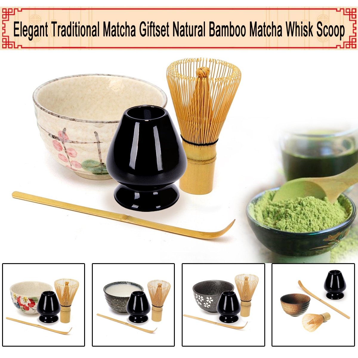 4Pcs/set Traditional Matcha Giftset Natural Bamboo Matcha Whisk Scoop Ceremic Matcha Bowl Whisk Holder Japanese Style Tea Sets