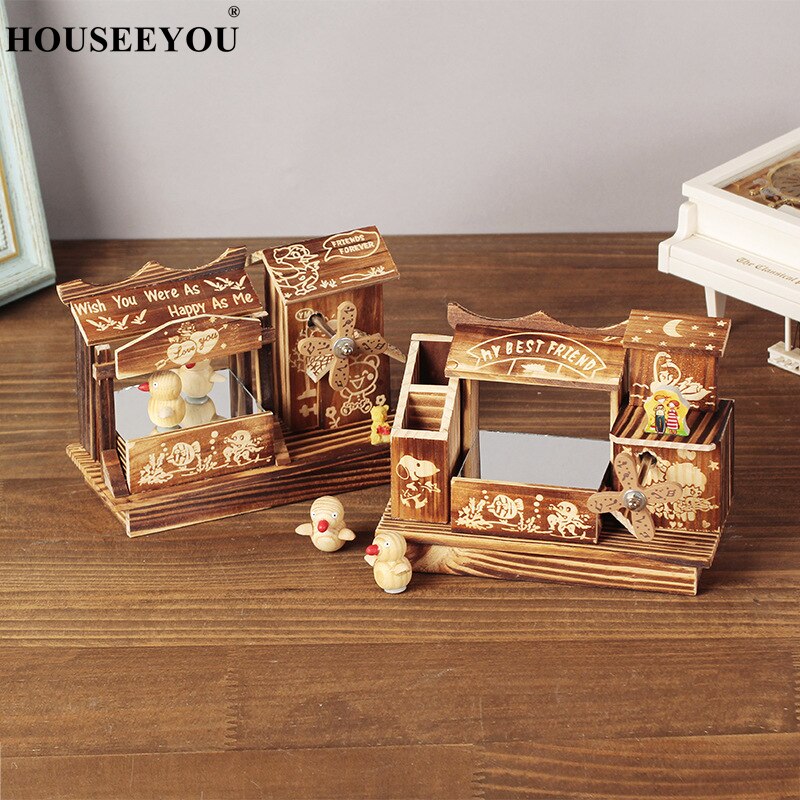 Wooden Windmill Rotating Music Box Musical Case with Little Bird Pen Holder Birthday Hoilday Students