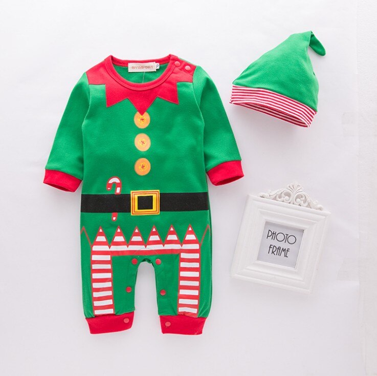 Di natale di Stile Classico A Maniche Lunghe Verde Del bambino Ragazzi Pagliaccetto con Christms Cappello 3021: 3M