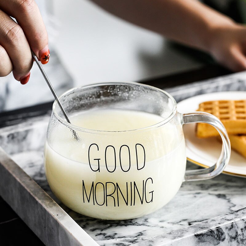 Taza de leche creativa para desayuno, resistente al calor, linda taza de cristal para café de oficina con tapa con , taza de agua