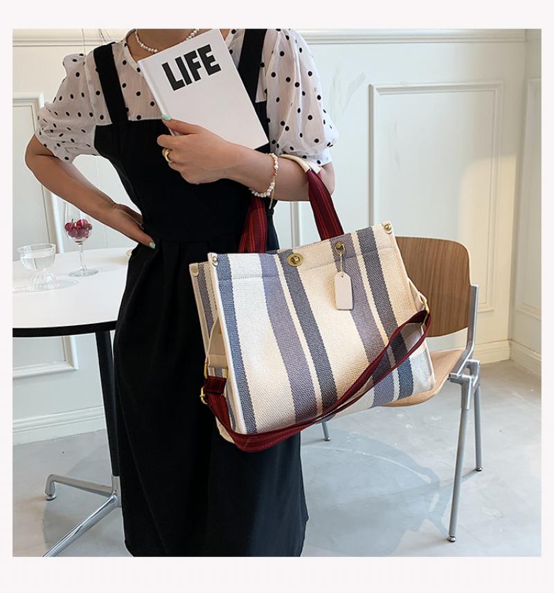 Mode Gestreepte Canvas Vrouwen Schoudertas Grote Capaciteit Shopper Tassen Voor Vrouwen Casual Brede Band Handtas Vrouwen Tas Pendelen tote