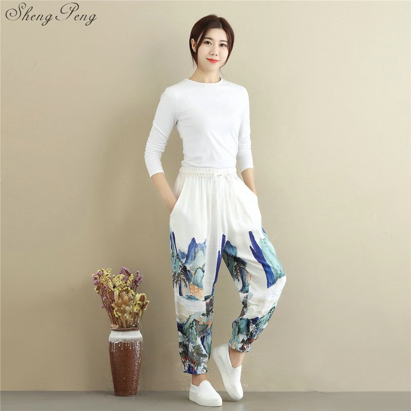 Pantalones chinos tradicionales de kung fu para mujer, ropa de lino para mujer, cintura elástica, cómoda, pierna ancha sólida V932