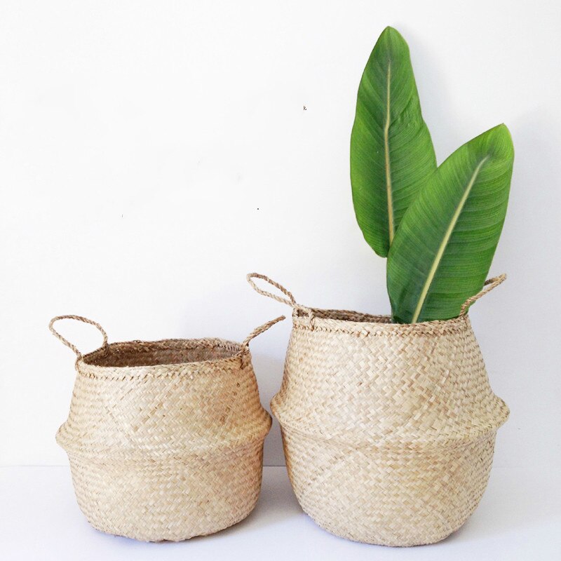 Foldable Natural Seaweed Woven Storage Pot Garden Flower Vase Hanging Baskets Home Decor Planter