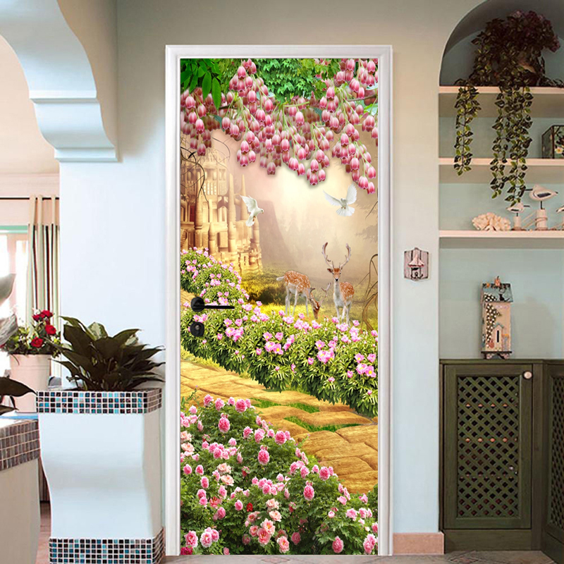 Self-Adhesive Wallpaper 3D Tulip Flowers Forest Landscape Animal Door Sticker Living Room Bedroom Waterproof Door Decal Stickers