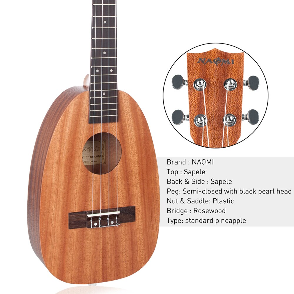 Noemí 26 pulgadas ukelele forma de piña Sapele Topboard Backboard plástico Nut Rosewood puente Ukeleles para niños pequeños niños principiantes