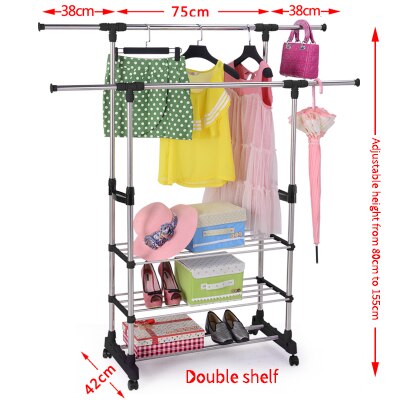 Double rod drying rack coat simple clothes retractable cool drying rack floor folding indoor balcony stainless steel double rod: three shelf