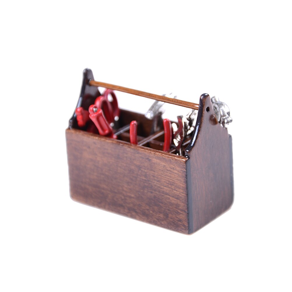 Wood 1/12 Dollhouse Miniature Wooden Toolbox with Metal Tools Set