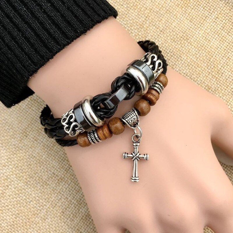Vintage meerlagige kruisklinknagel geweven leren bedelarmband unieke handgemaakte verstelbare armbanden voor heren sieraden