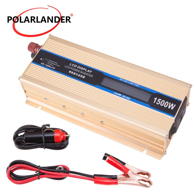 Power inverter 1500w 50hz 12v/24v to 110v/220v omformer kjøretøy strømforsyning gull med skjerm for de fleste bil