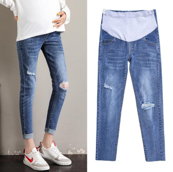 Jean de maternité déchiré taille haute pour femmes enceintes, pantalon de printemps à la , troué, ventre réglable, vêtements de grossesse