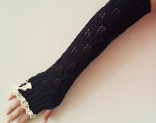 solid Lace knitted Fingerless Gloves Ballet Dance button glove burn out long Arm Warmers 7 colors #3706: dark blue