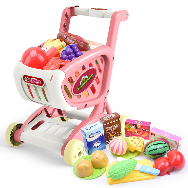 Kinderen Simulatie Winkelwagentje Trolley Speelgoed Snijden Groenten En Fruit Supermarkt Winkelen Plastic Speelhuis Speelgoed Set: Pink