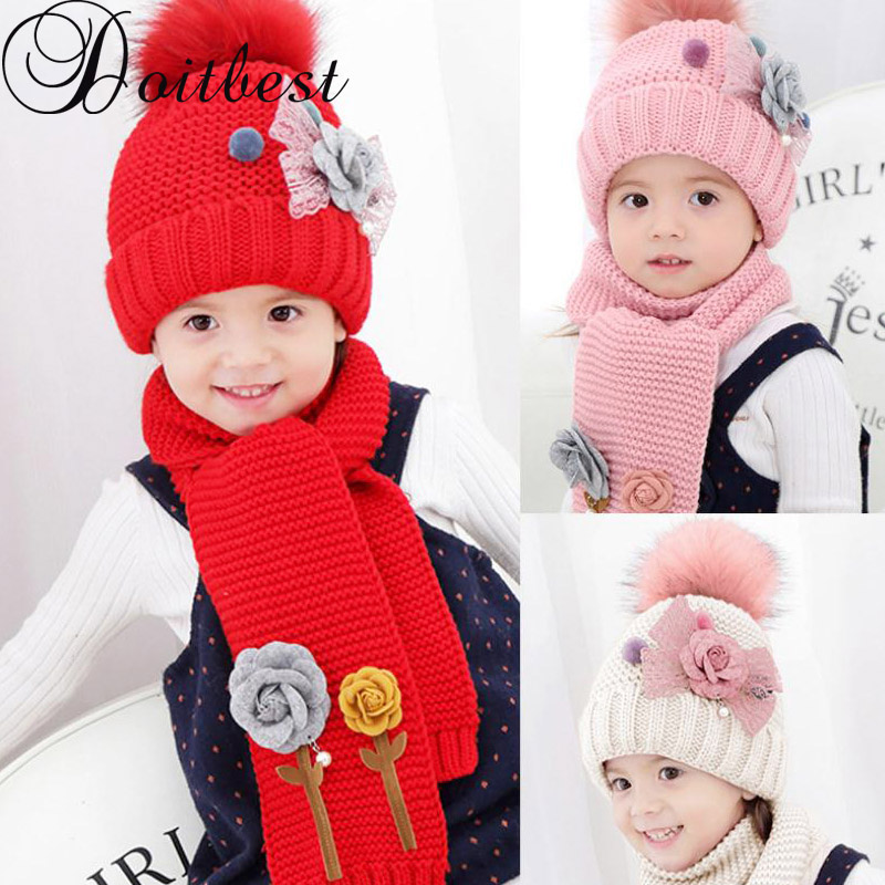 Doitbest flower children's winter hat beanies sets velvet wool kids boys Knit fur hats winter 2 pcs baby girl scarf set