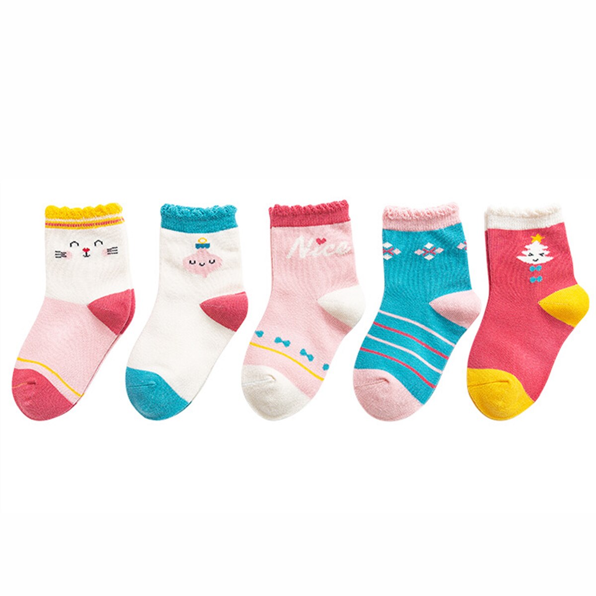 5 par / sæt børn drenge piger sokker efterår vinter søde åndbare blomsterprint sokker piger mellemstore sokker til børn 3-8t: Lyserød