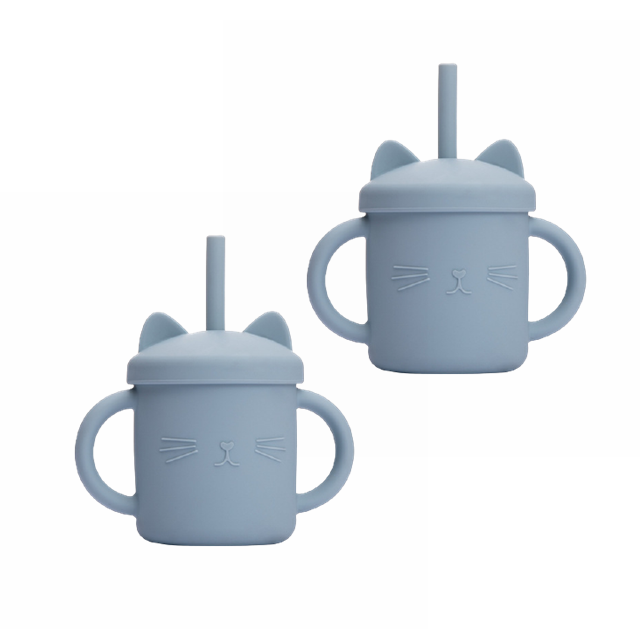 2PCS Baby Feeding Cups Silicone Drinkware Cute Cartoon Cat Sippy Cup For Toddlers Kids Sippy Cup Lids Solid With Handle Drinker: 2PcsPowder blue