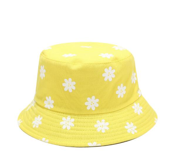 Koreansk stil dobbeltsidet bomuld blomsterprint spand hat fisker hat udendørs rejse hat sol cap hatte til mænd og kvinder: Gul