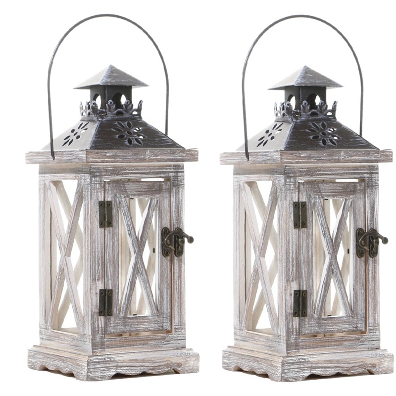 Paquete de 2 portavelas de farol decorativo, estilo rústico de madera para decoración colgante de pared de manto superior de mesa, uso en interiores y exteriores: Default Title