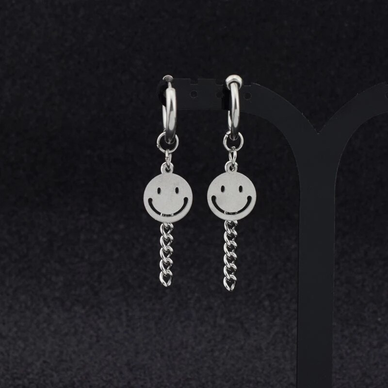 Korean Tassel Chain Bar Pendant Women Man Earrings Silver Color Cross Smile Face Disc Round Unisex Jewelry