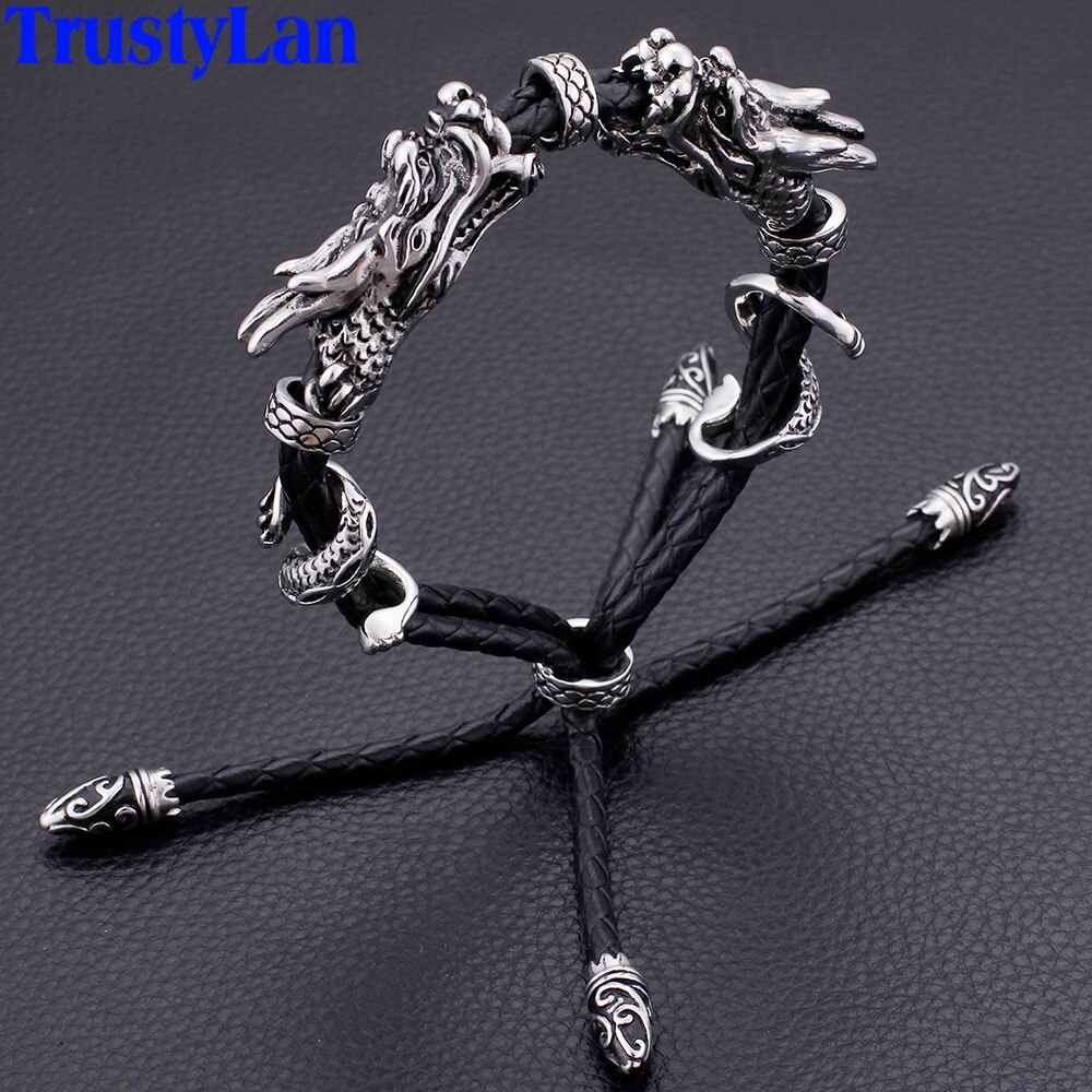 Classic Braided Leather Bracelet Male Stainless Steel Rocker Double Dragon Mens Bracelets Adjustable Wrap Bracelet Man Jewelry