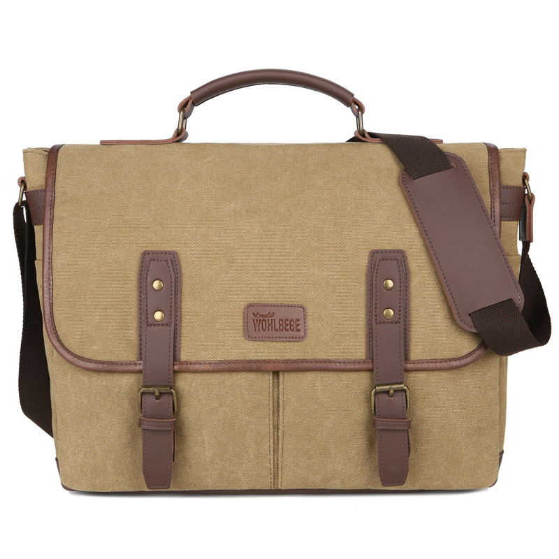 Vintage Mannen Aktetassen Canvas 14 Inch Laptop Tassen Draagbare Tas Voor Mannen Business Aktetas Schoudertas: Khaki