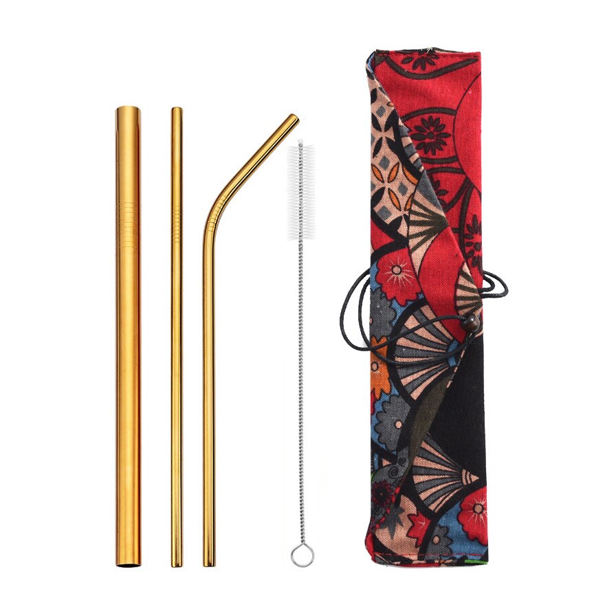 Reusable Metal Drinking Straws 304 Stainless Steel Straw Bent Straight Smoothies Straw with Cleaning Brush Bar Party Accessory: gold-bag4