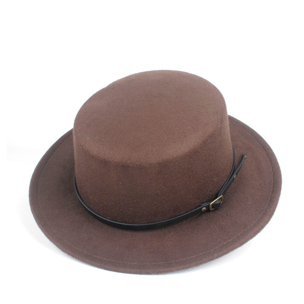 Men Women Flat Top Hat Winter Casual Hat Wool Trilby Fedora Hat Wide Brim Hat Size 56-58CM: Coffee